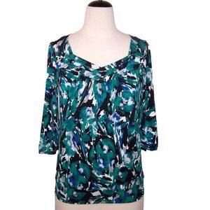 AGB Shirt Top Small Stretch Pleated Neck 3/4 Sleeves Pullover Blouse Green Black